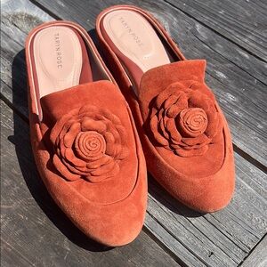 Taryn Rose Size 9 Burnt Orange Suede Mules with Floral Design